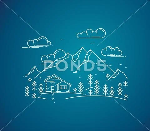 Vector flat linear landscape with house, trees and mountains on blue background Stock Illustration