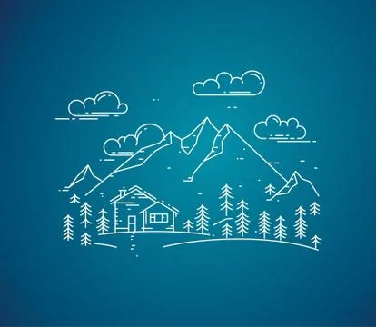 Vector flat linear landscape with house, trees and mountains on blue background Stock Illustration