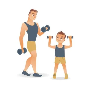Vector flat man and kid boy doing dumbbell workout Stock Illustration
