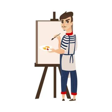 Vector flat man artist painter drawing on easel Stock Illustration