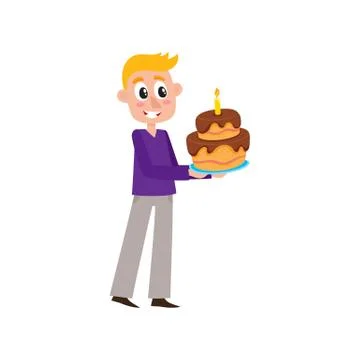 Vector flat man holding big birthday cake Illustrazione stock