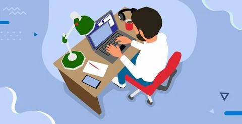 Vector flat of a man working with a computer at his desk Illustrazione stock