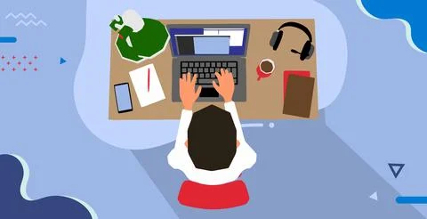 Vector flat of a man working with a computer at his desk Stock Illustration