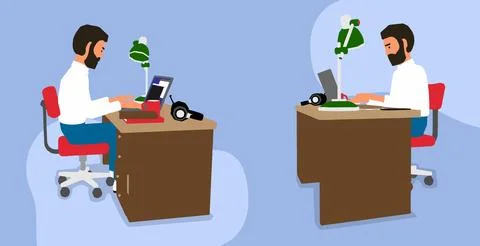 Vector flat of a man working with a computer at his desk Stock Illustration