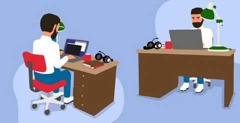 Vector flat of a man working with a computer at his desk Stock Illustration