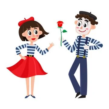 Vector flat mime giving flower to woman Illustrazione stock
