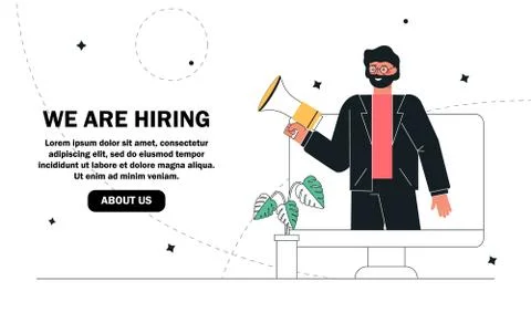 Vector flat modern illustration, man shouting on megaphone or loudspeaker and Illustrazione stock