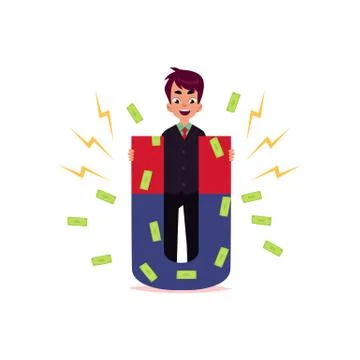 Vector flat office man attracting money by magnet Stock Illustration