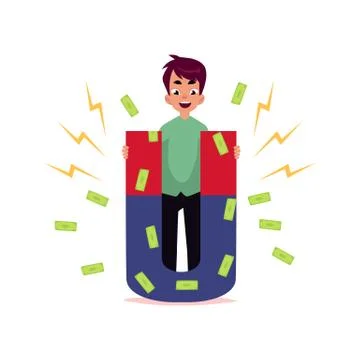 Vector flat office man attracting money by magnet Stock Illustration