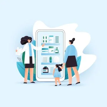 Vector flat online pharmacy illustration with Woman and a Child consultating Stock Illustration
