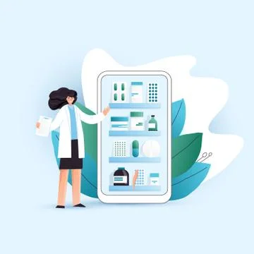 Vector flat online pharmacy illustration with Woman character consultating Stock Illustration
