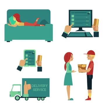 Vector flat online shopping concept scenes set Illustrazione stock