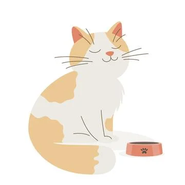 Vector Flat Orange and White Cat with Pets Bowl. White and Ginger Cartoon Cat Stock Illustration