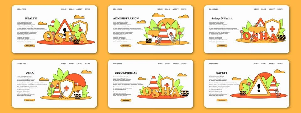 Vector flat OSHA web banner or landing page set. Service protecting worker .. Stock Illustration