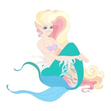 Vector flat outline cartoon cute mermaid Illustrazione stock