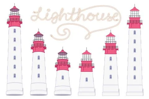 Vector flat outline Lighthouse beacon set Stock Illustration