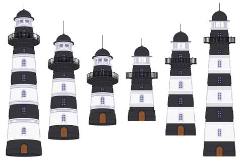 Vector flat outline Lighthouse beacon set Stock Illustration