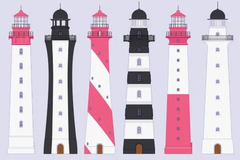 Vector flat outline Lighthouse beacon set Stock Illustration