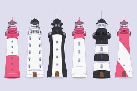 Vector flat outline Lighthouse beacon set Stock Illustration