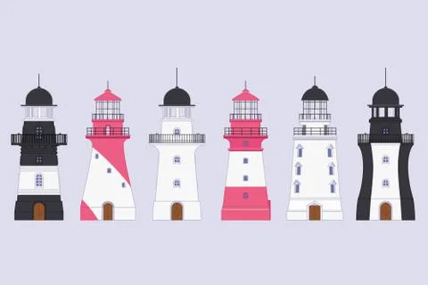 Vector flat outline Lighthouse beacon set Stock Illustration