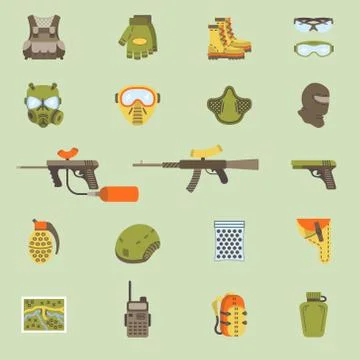 Vector flat paintball or airsoft icon set Stock Illustration