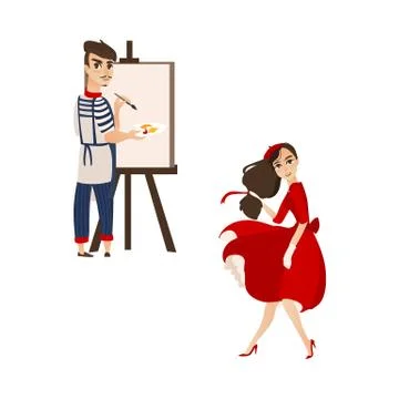 Vector flat parisian girl, boy artist painter set Stock-Illustration