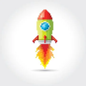 Vector flat pixel rocket on white background Stock Illustration