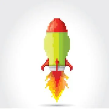 Vector flat pixel rocket on white background Stock Illustration