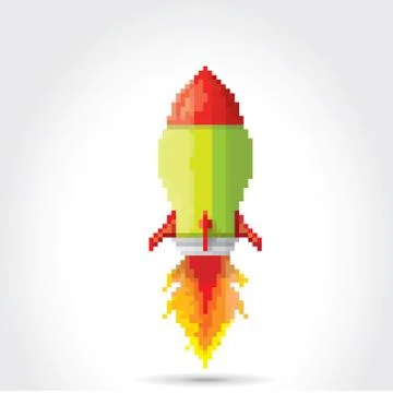 Vector flat pixel rocket on white background Illustrazione stock