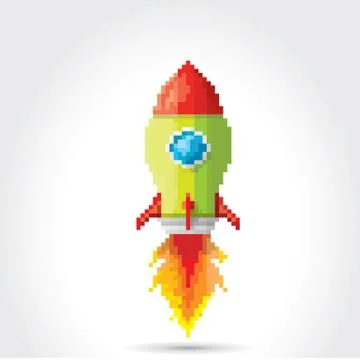 Vector flat pixel rocket on white background Stock Illustration