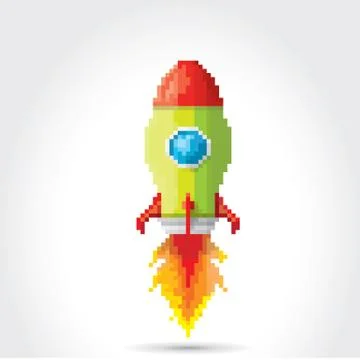 Vector flat pixel rocket on white background Stock Illustration