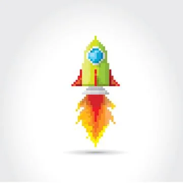 Vector flat pixel rocket on white background Stock Illustration