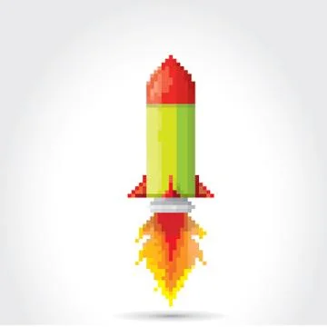 Vector flat pixel rocket on white background Stock Illustration