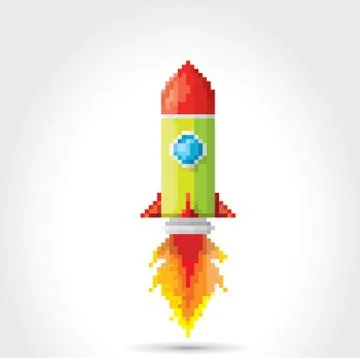 Vector flat pixel rocket on white background Stock Illustration