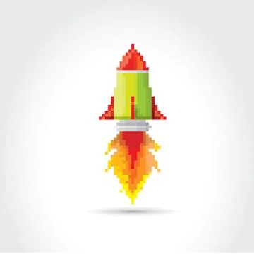 Vector flat pixel rocket on white background Stock Illustration