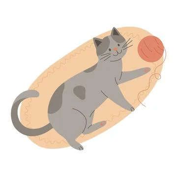 Vector Flat Playing Gray Tabby Cat with a Ball of Thread. Cartoon Cat. Cute and Illustrazione stock