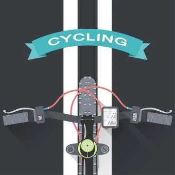 Vector flat poster of cycling in the city top view from the first person. Stock Illustration