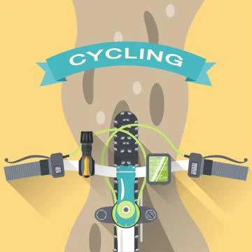 Vector flat poster of cycling top view from the first person. Stock Illustration