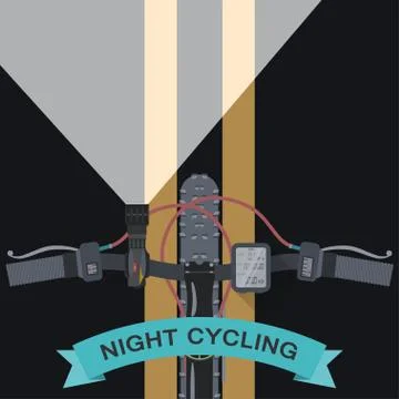 Vector flat poster of night cycling in the city top view from the first perso Stock Illustration