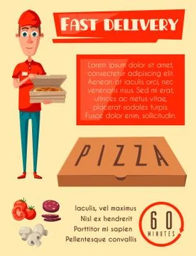 Vector flat poster for pizza fast food delivery man 스톡 일러스트