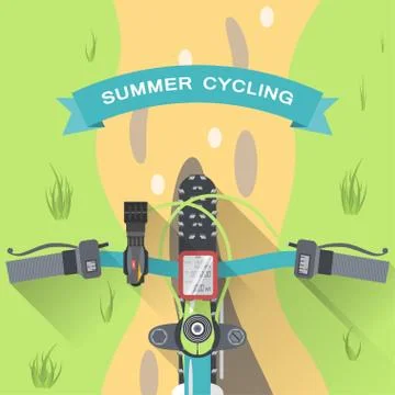 Vector flat poster of summer cycling top view from the first person. Stock Illustration