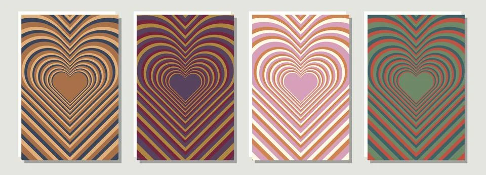 Vector flat posters. Hypnotic tunnel in the shape of a heart. Wallpaper in the Stock Illustration