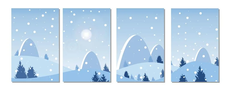 Vector flat posters. Landscape with misty forest, distant mountains, dawn and Stockillustratie