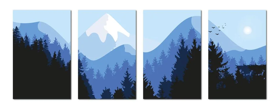 Vector flat posters. Landscape with misty forest, distant mountains, dawn and Stockillustratie