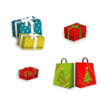 Vector flat present gift box shopping bag set Illustrazione stock