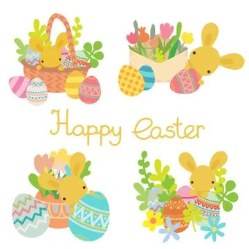 Vector flat rabbit with Easter eggs, flowers set Stock Illustration