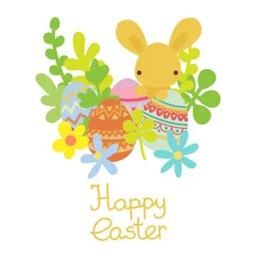 Vector flat rabbit with Easter eggs with flowers Stock Illustration