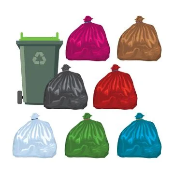 Vector flat recycling wheelie bin with garbage bags Stock Illustration