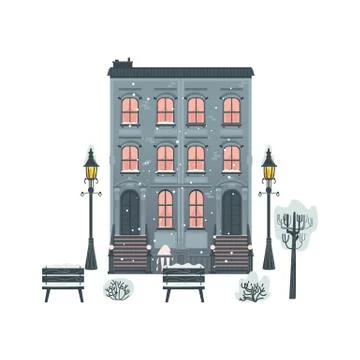 Vector flat residential building bench streetlight Stock Illustration