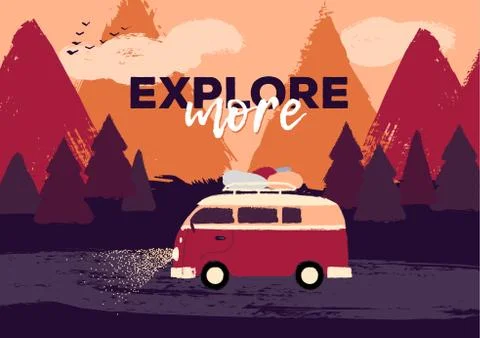 Vector flat retro illustration of a friend or family road trip on the hippie van Stock Illustration